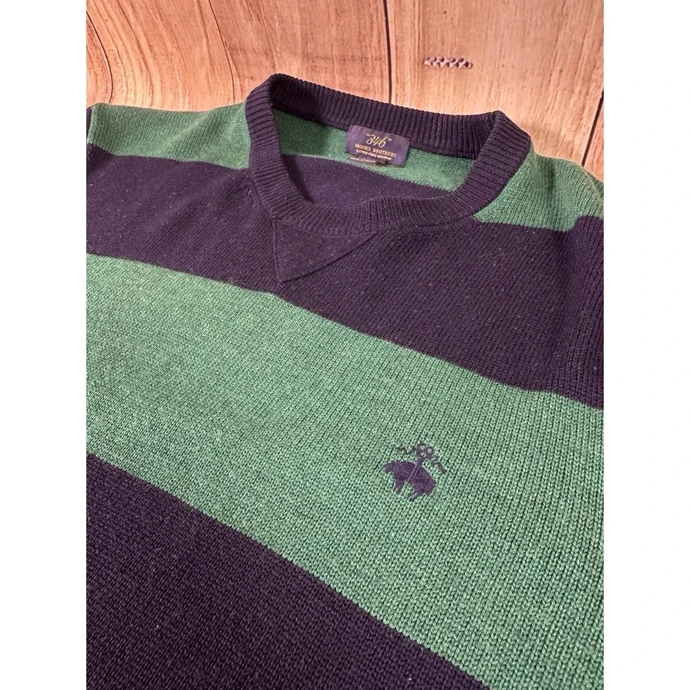 Brooks Brothers 346 Men Sweater LARGE Merino Wool Blue Green Stripe Crew Neck